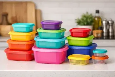 Colorful Tupperware containers neatly stacked on kitchen counter