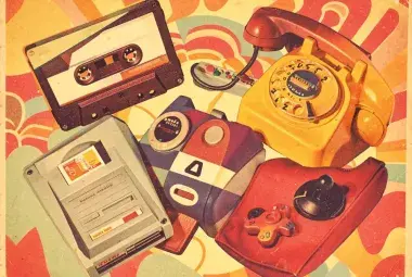 Colorful collage of retro 1980s objects including cassette tape, floppy disk, and rotary phone