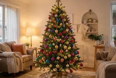 Cozy living room with a beautifully decorated Christmas tree full of shiny ornaments
