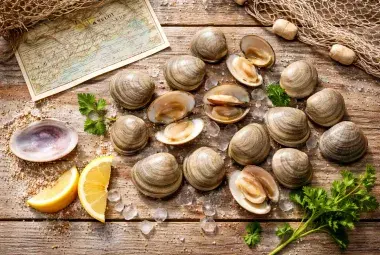 Fresh little neck clams arranged on wood with a map of Little Neck Bay, symbolizing their culinary and historical roots.