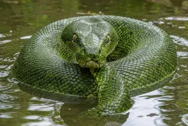 Massive green anaconda partially submerged with eyes above water