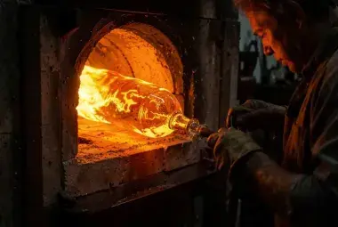 Molten glass being shaped during traditional glassblowing process