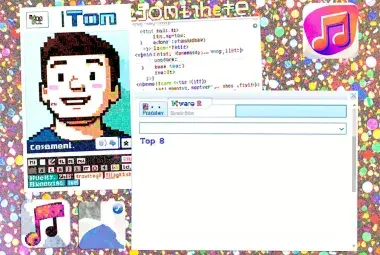 Nostalgic collage of MySpace elements including Tom's profile, HTML code, Top 8 list, and music note