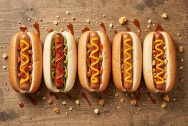 Variety of gourmet and classic hot dogs arranged side by side with colorful toppings