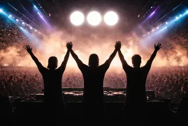 Three DJs with arms raised before a massive festival crowd, with their iconic three-dot logo in the sky, symbolizing Swedish House Mafia's electrifying legacy.