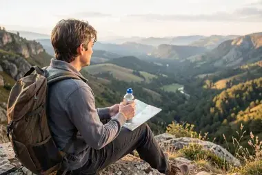Traveler sitting at scenic viewpoint holding a reusable water bottle and map