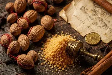 Whole nutmeg seeds with red mace, freshly grated spice, and a vintage grater on dark wood, symbolizing its rich history and culinary value.