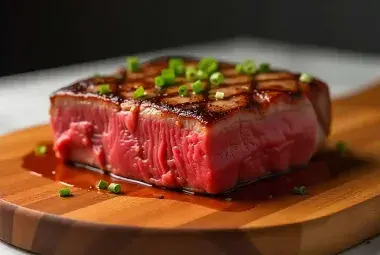 Perfectly seared medium rare ribeye steak