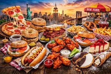 vibrant collage of iconic New York foods, from classic pizza and bagels to Buffalo wings and black and white cookies, all arranged around a rustic Empire State silhouette