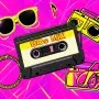 A colorful retro collage with a cassette tape labeled '80s MIX' surrounded by neon sunglasses, a boom box outline, and musical notes on a geometric neon background