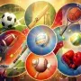 A dynamic collage of symbols for soccer, cricket, basketball, tennis, and more, representing the world's most popular sports and their global fans.