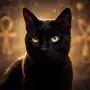 A mystical black cat with luminous eyes, symbolizing the ancient, magical, and spiritual qualities revered across cultures.