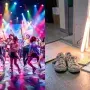 A split-image contrasting a vibrant K-pop performance with practice shoes and a notebook, symbolizing the artistry and hidden dedication behind the music.