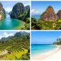 Collage of iconic Philippine destinations including Palawan cliffs, Chocolate Hills, Banaue Rice Terraces, and a white sand beach