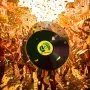 Colorful Brazilian carnival scene with confetti and drums, Pet Shop Boys logo on a vinyl in foreground