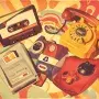 Colorful collage of retro 1980s objects including cassette tape, floppy disk, and rotary phone