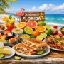 Florida foods displayed on a beach table with ocean view