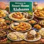 A variety of iconic Alabama foods displayed on a rustic table showcasing Southern cuisine